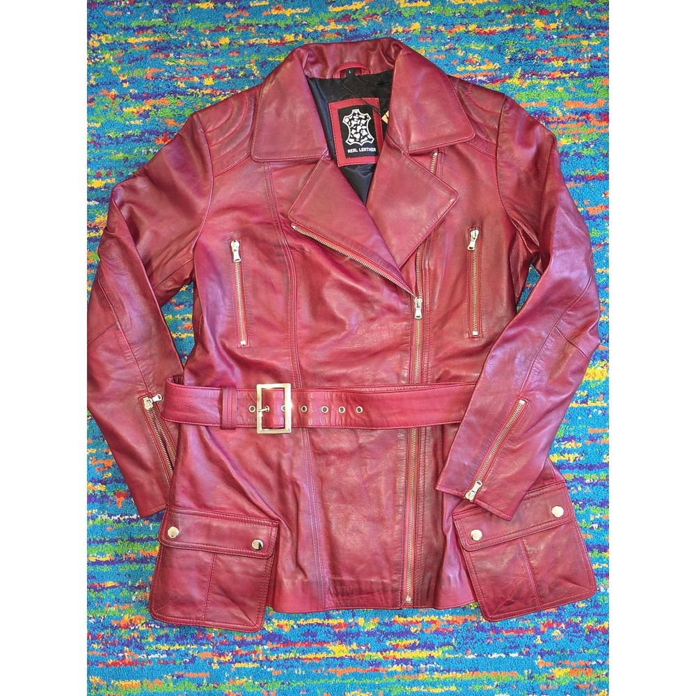 NWT Decrum Victoria Maroon Wax Real Lamb Leather Asymmetrical Women Jacket Large